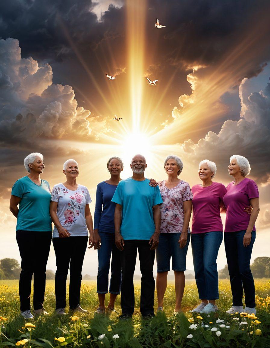 A powerful scene depicting a diverse group of cancer survivors standing together, emanating strength and hope, with sunrays breaking through dark clouds in the background. Each individual represents a unique journey, showcasing different ages and backgrounds, wearing expressions of triumph. Include symbolic elements like a butterfly or blooming flowers to signify resilience. The overall atmosphere should be inspiring and uplifting. super-realistic. vibrant colors. soft focus.