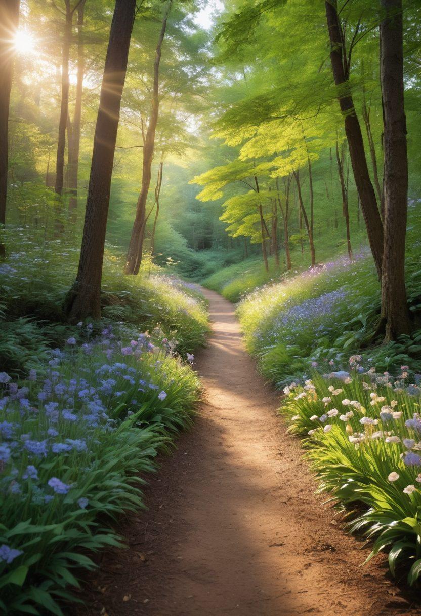 A serene path through a tranquil forest symbolizing the cancer journey, adorned with soft sunlight filtering through trees, guiding the way for empowered patients. Alongside, vibrant flowers bloom representing survivor stories and hope, while informative resources like books and pamphlets are subtly integrated into the scene. The atmosphere conveys strength, resilience, and support. super-realistic. vibrant colors. calming ambiance.