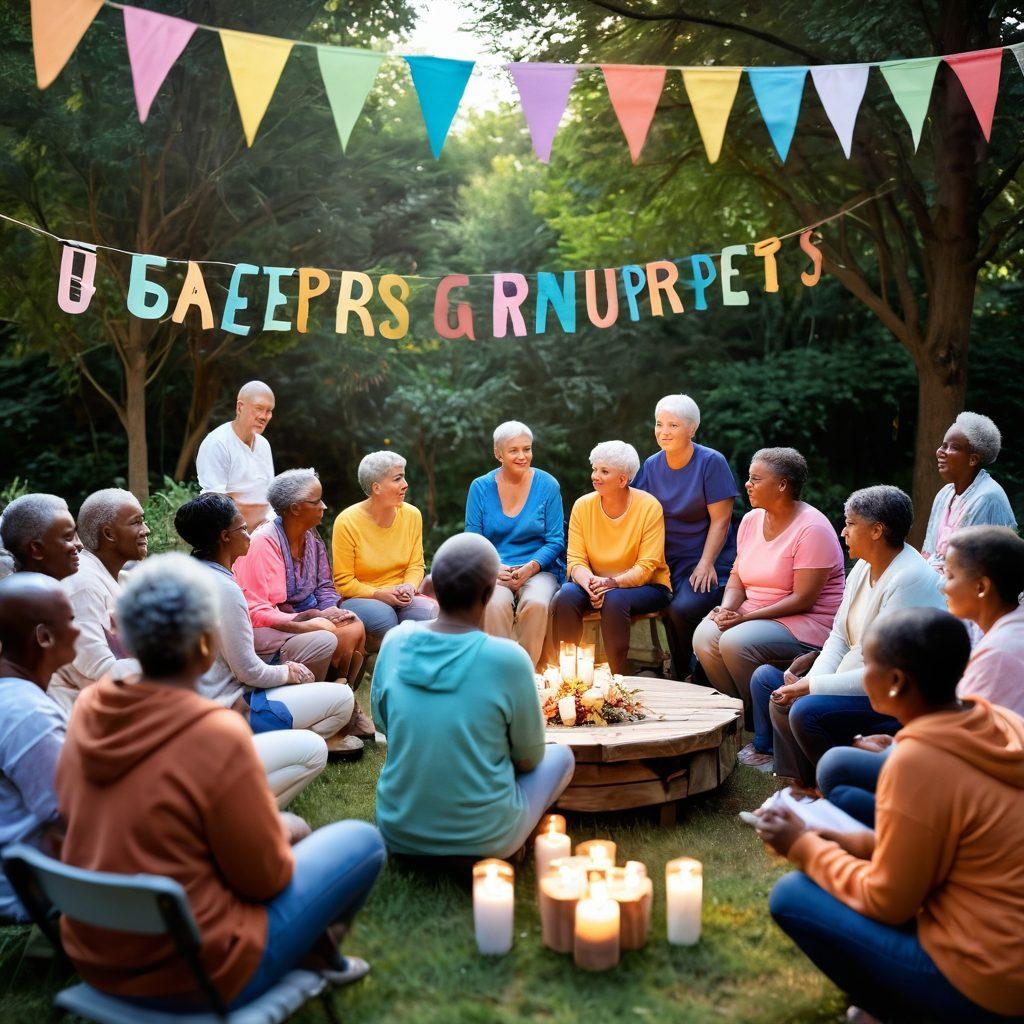 A warm and inviting community gathering scene with diverse cancer survivors sharing stories, surrounded by colorful banners of support and hope. Include elements like candles, a support group circle, and uplifting nature in the background. The atmosphere should radiate encouragement and unity. soft pastels. realistic. inspiring.